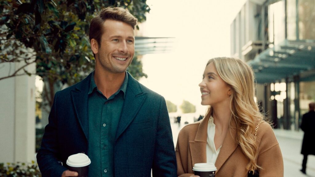 Sydney Sweeney and Glen Powell walking side-by-side in Anyone But You