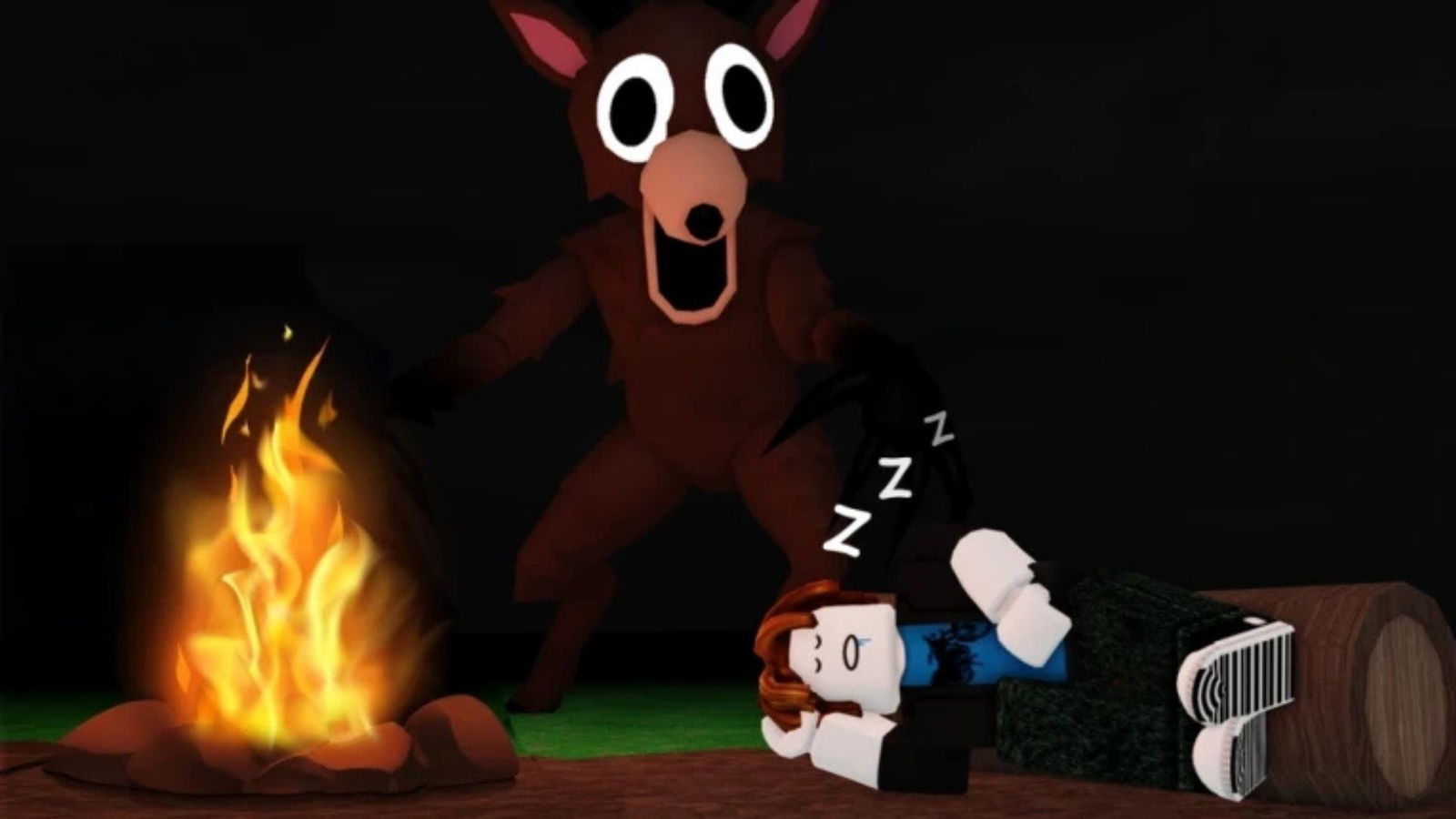The Deer creature looming over a resting avatar near a campfire in 99 Nights in the Forest