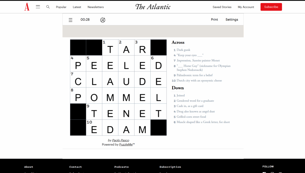 Solution for the Atlantic Games' Crossword puzzle