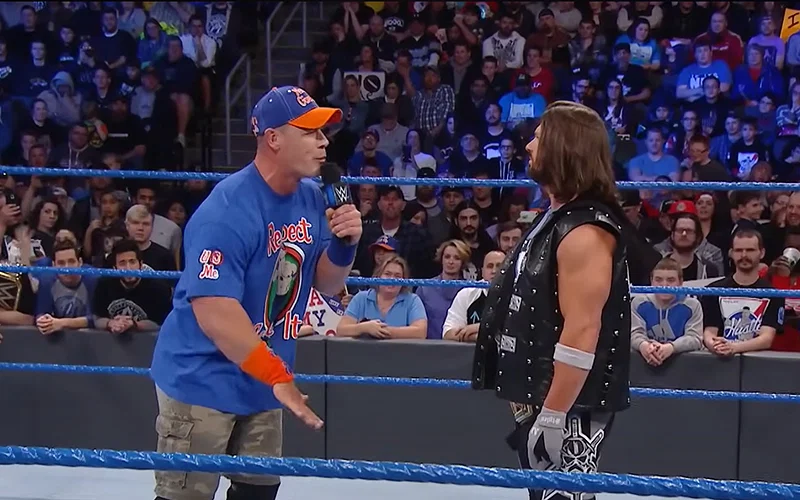John Cena and AJ Styles during a promo on SmackDown