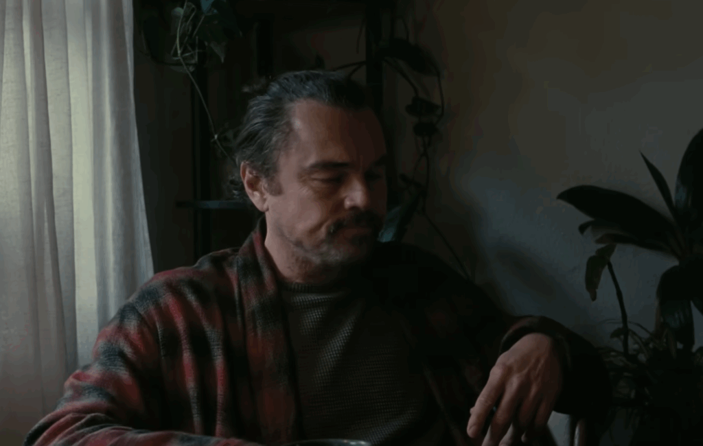Leonardo DiCaprio's Bob in a chequed robe in One Battle After Another. 