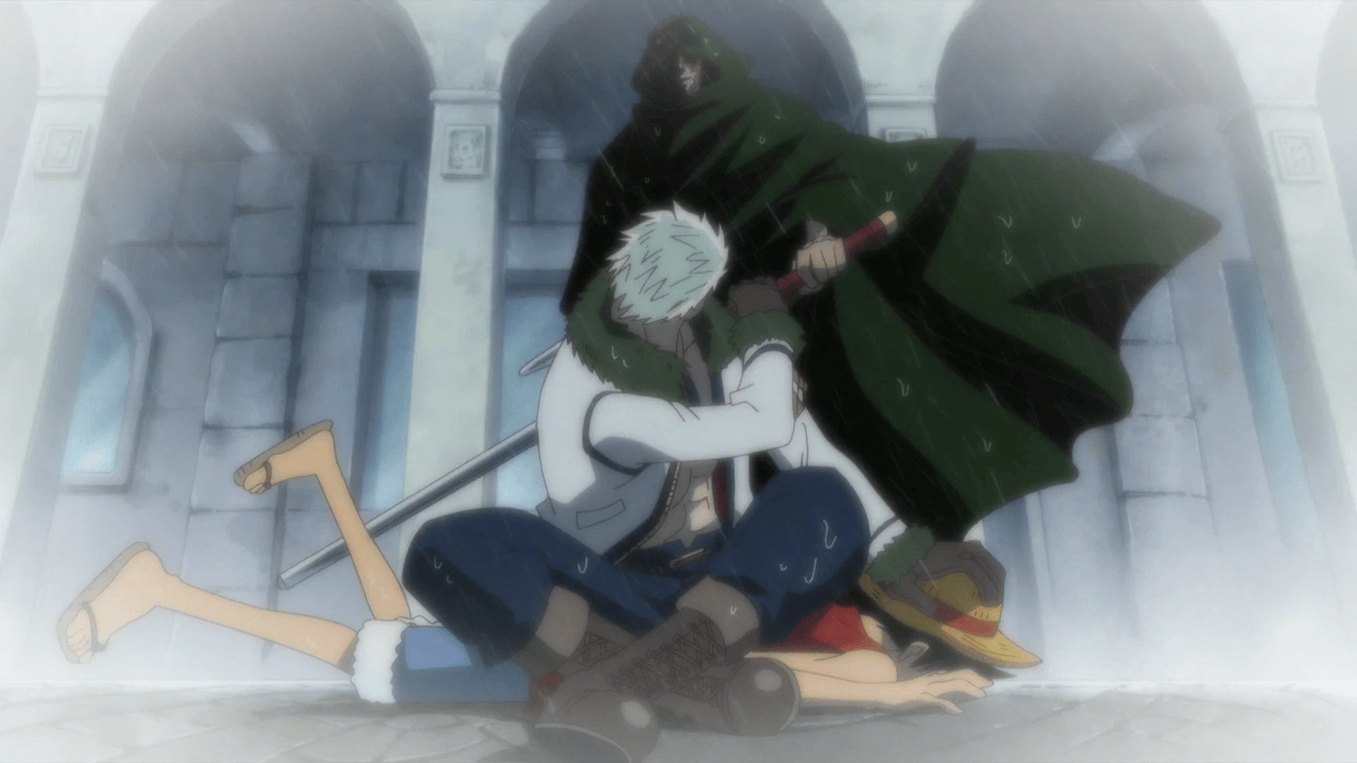 Dragon saves Luffy from Smoker in One Piece.
