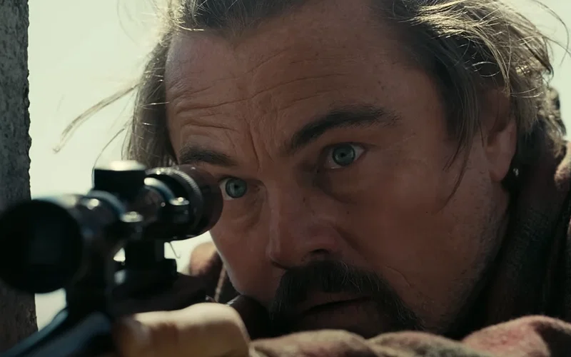 Leonardo DiCaprio's Bob using a sniper in One Battle After Another.