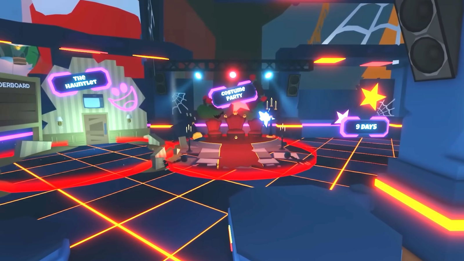 Adopt Me Halloween Costume Party area with neon platforms and a decorated event stage