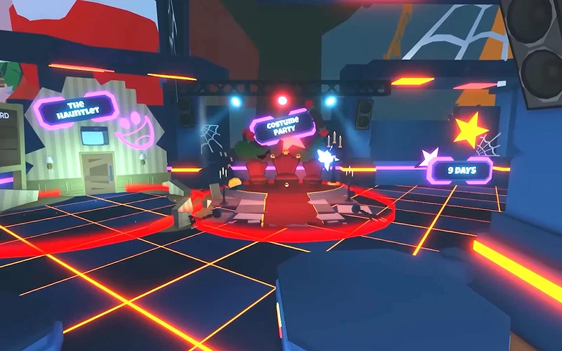 Adopt Me Costume Party — archival event screenshot Adopt Me Halloween Costume Party area with neon platforms and a decorated event stage