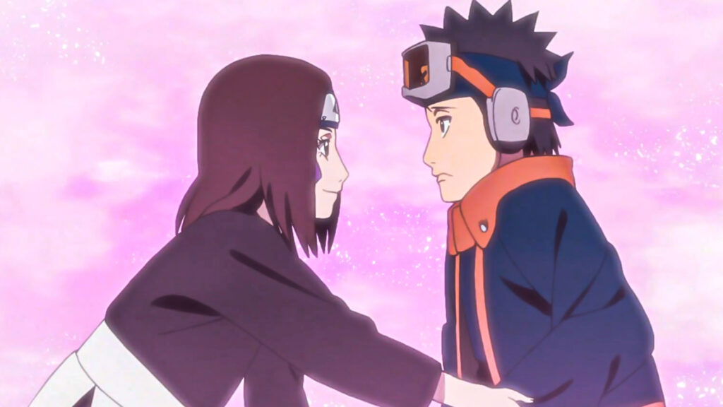 Obito and Rin facing each other in a heartwarming moment in Naruto Shippuden. 