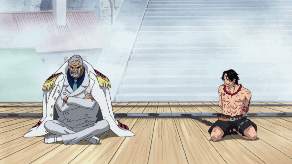 Monkey D. Garp sitting quietly next to his imprisoned foster grandson, Portgas D. Ace. 