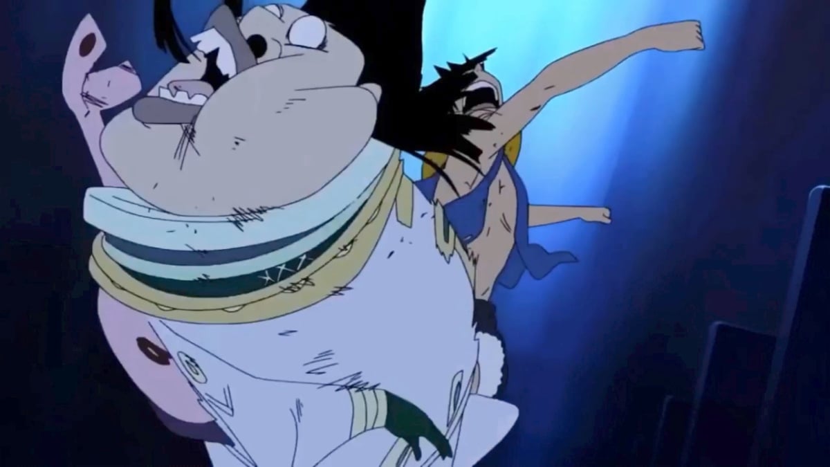 Luffy punches Charlos in One Piece.