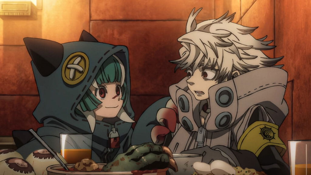This scene is from the anime series Gachiakuta, produced by Studio Bones The image features characters Rudo and Guita from episode 14, "The Storm Before the Storm".