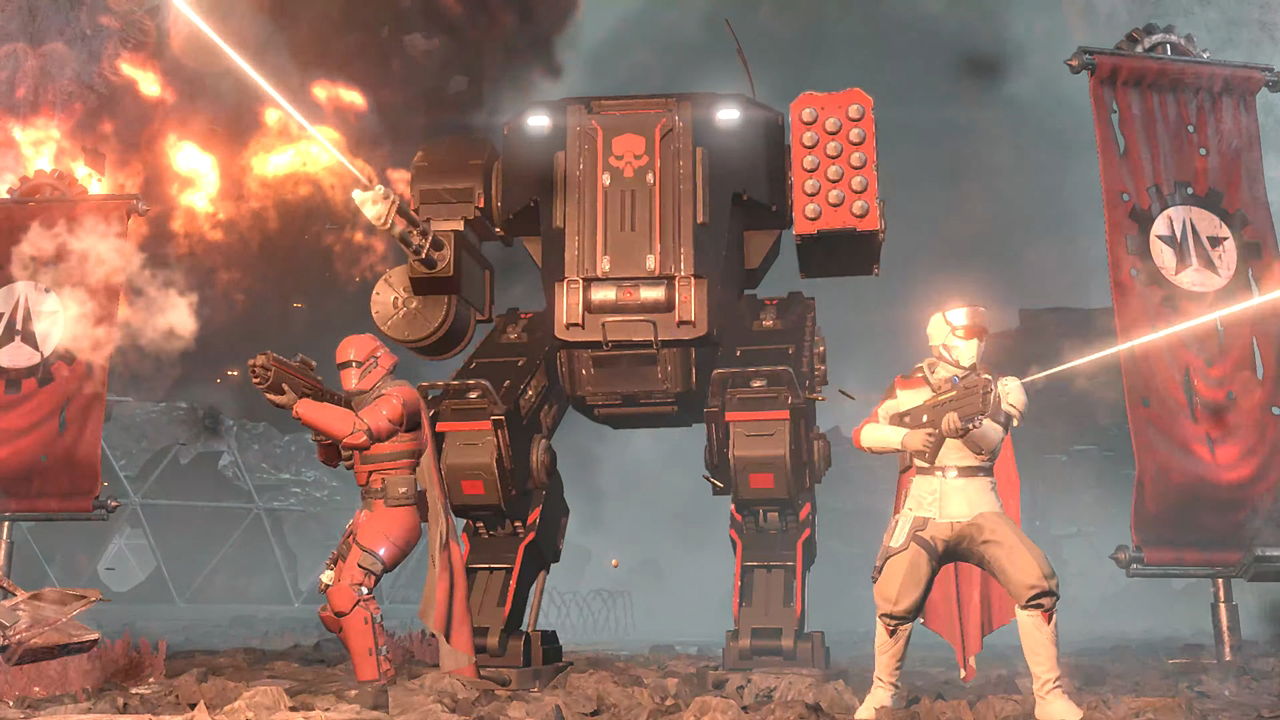 An action shot from a Helldivers 2 trailer showcasing the Patriot Exosuit stratagem in action.