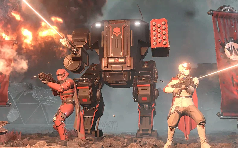 What It Was and What to Expect 4 An action shot from a Helldivers 2 trailer showcasing the Patriot Exosuit stratagem in action.