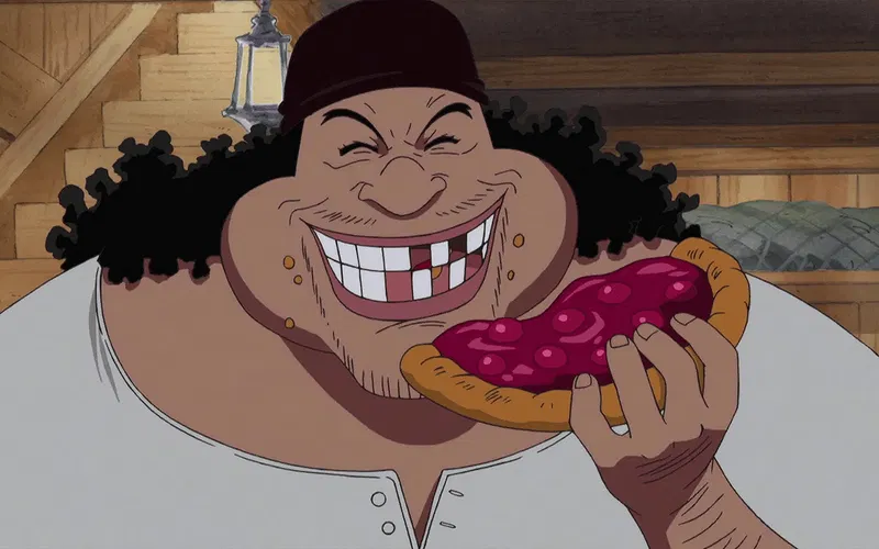 Blackbeard happily eating cherry pie in One Piece.