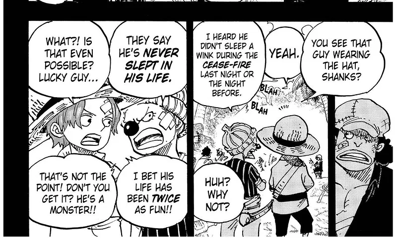 Buggy tells Shanks Blackbeard never sleeps in One Piece.