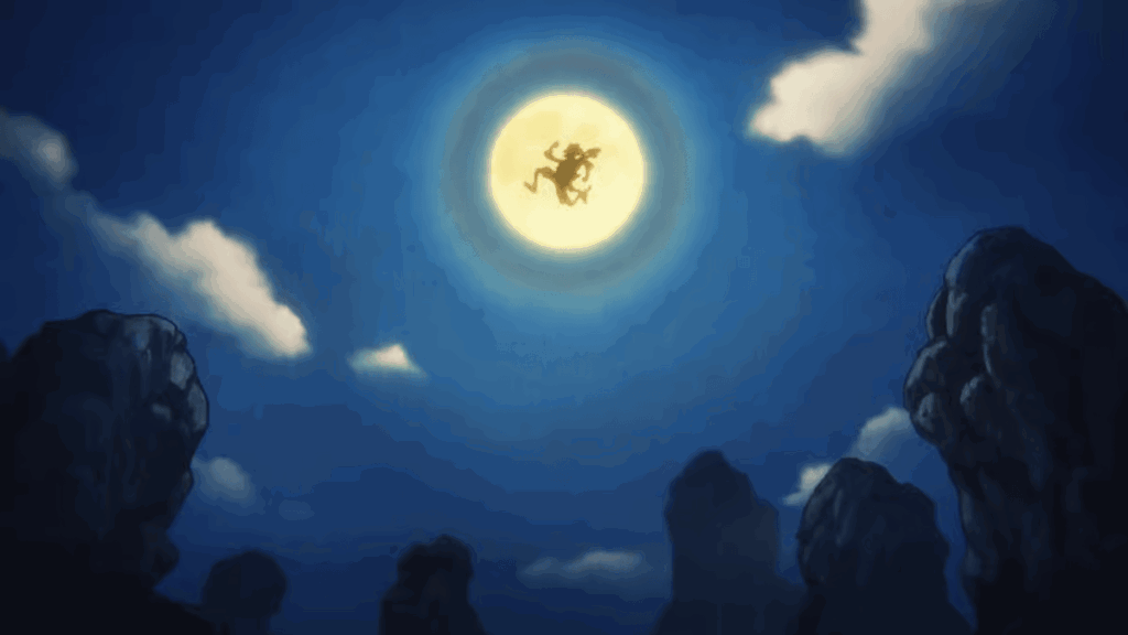 Luffy in Gear 5 form as Sun God Nika in One Piece.