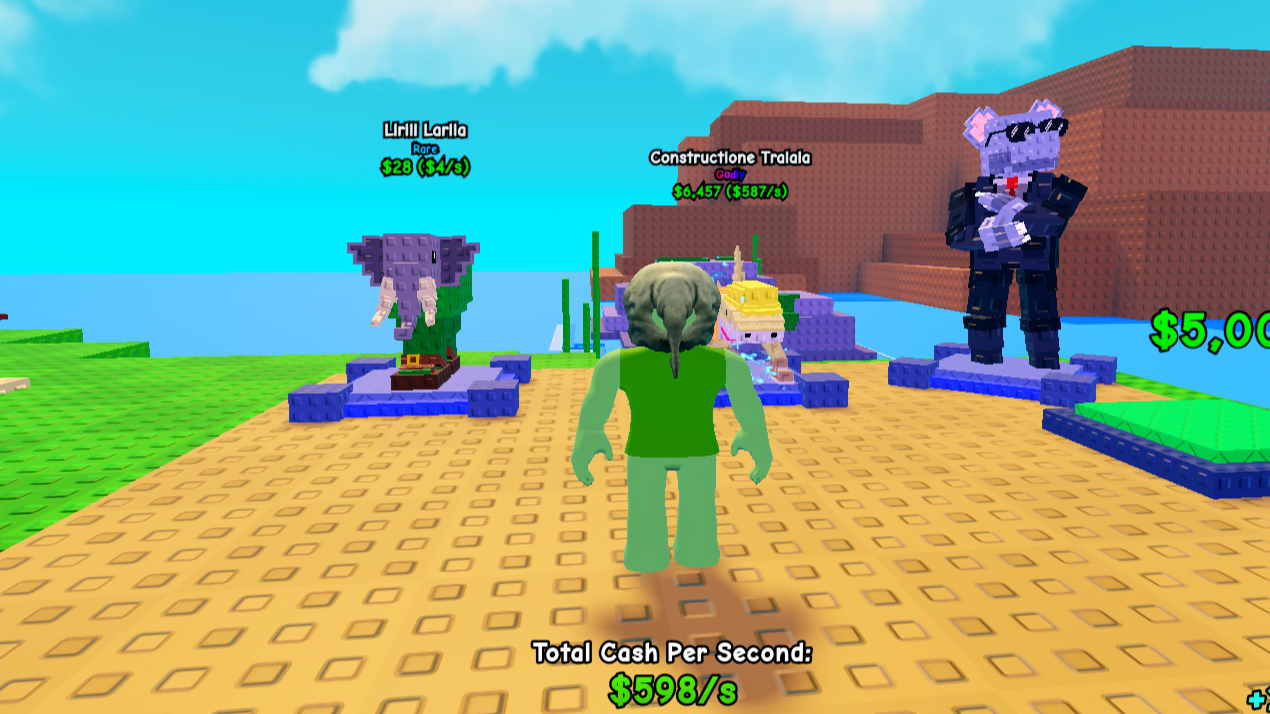 Plants vs Brainrots screenshot featuring the player on the Grasslands Biome near some Brainrots.