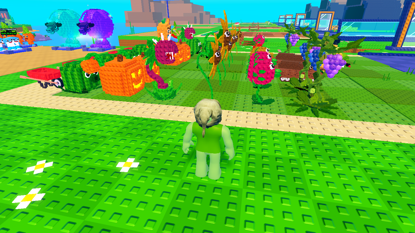 Plants vs Brainrots screenshot featuring the player on the Grasslands Biome near some plants.