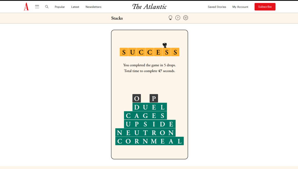 The Atlantic Games Answers for Today (November 1, 2025) 2 Solution for The Atlantic Games' Stacks puzzle