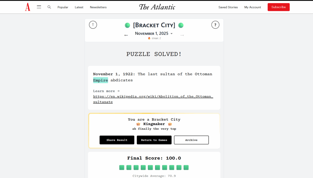 The Atlantic Games Answers for Today (November 1, 2025) 3 Solution for The Atlantic Games' Bracket City puzzle