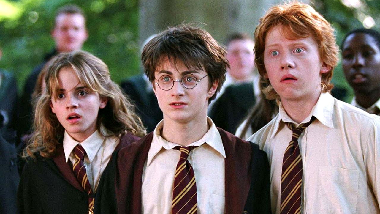 A scene from Harry Potter featuring the iconic trio of Hermione Granger, Harry Potter, and Ron Weasley.
