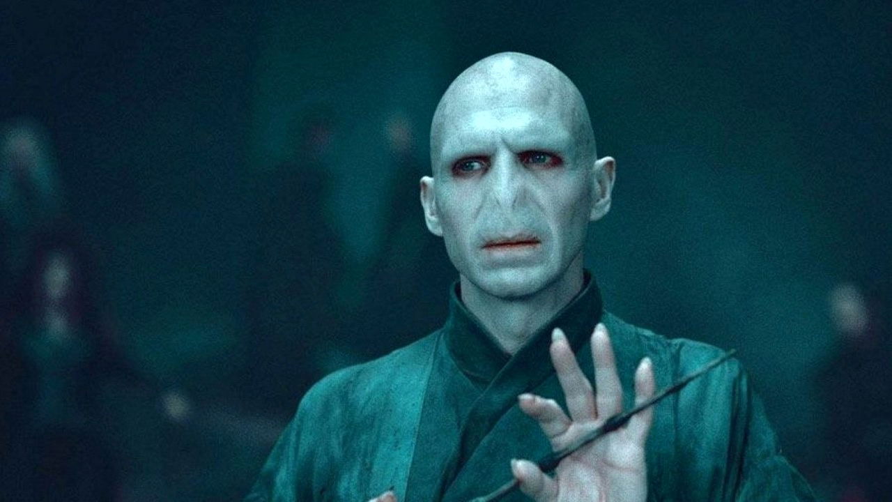 A close-up on Harry Potter antagonist Lord Voldemort from the movie.