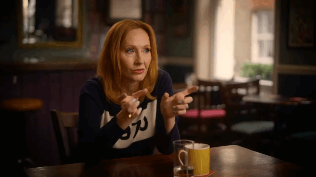 A shot of JK Rowling speaking at an interview.