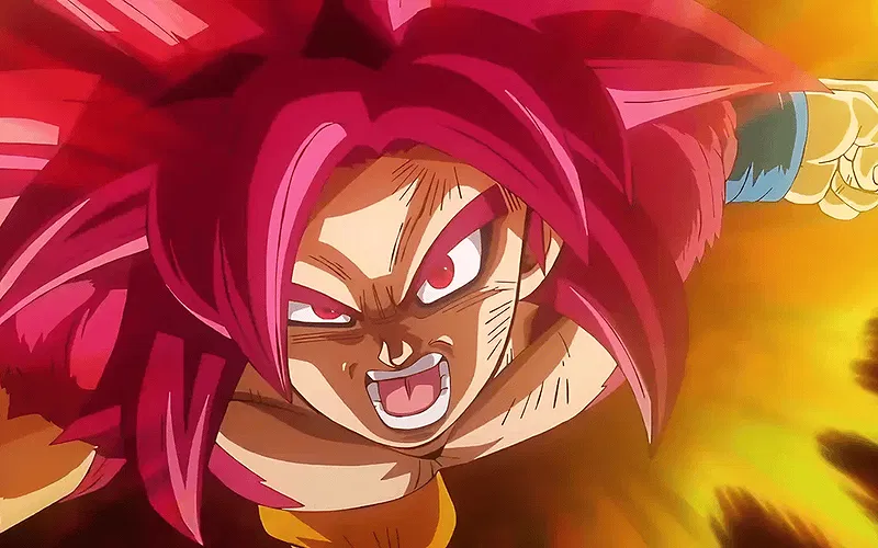 Goku trong trạng thái Super Saiyan 4 đang đấm trong Dragon Ball DAIMA.