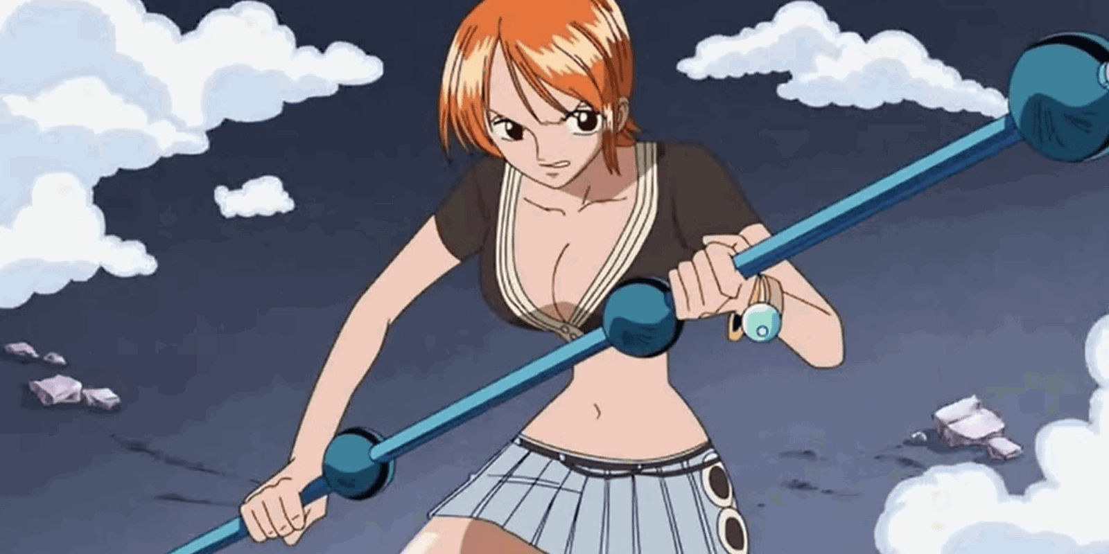 Nami fighting with Perfect Clima-Tact in One Piece.