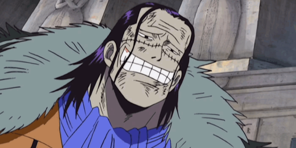 Sir Crocodile making an evil smile in One Piece.