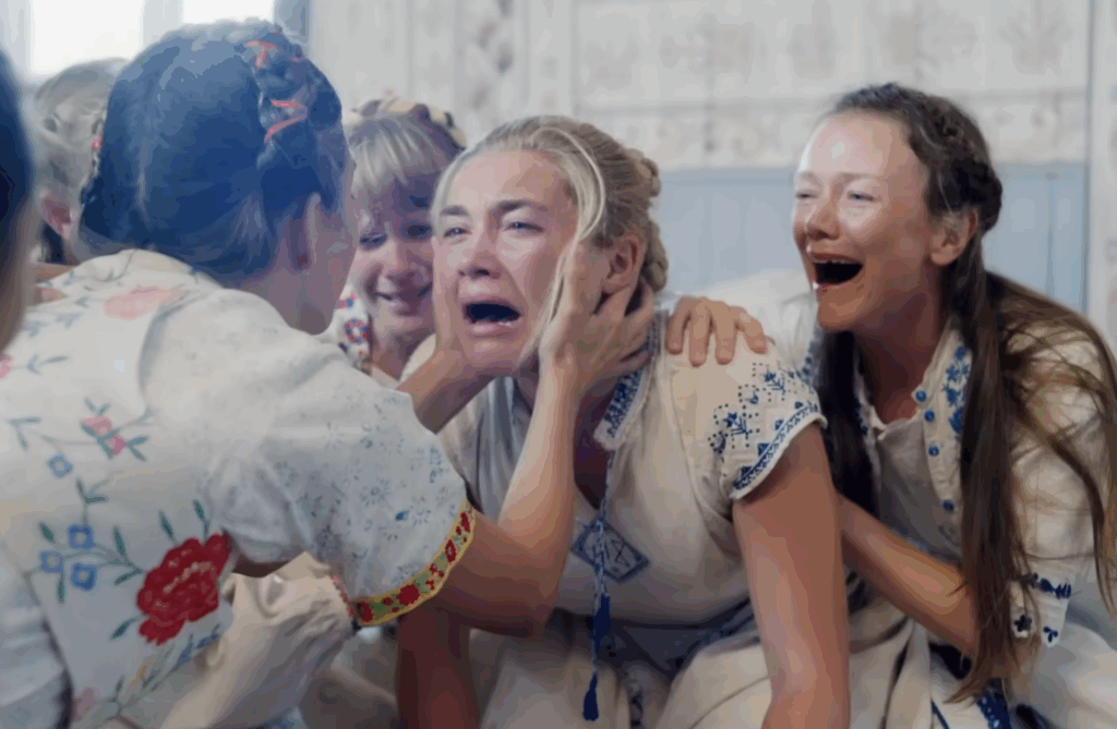 Florence Pugh as Dani crying profusely in Midsommar