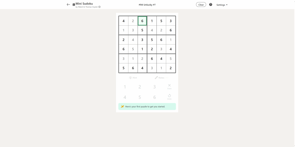 A screenshot of the Linkedin Mini Sudoku.