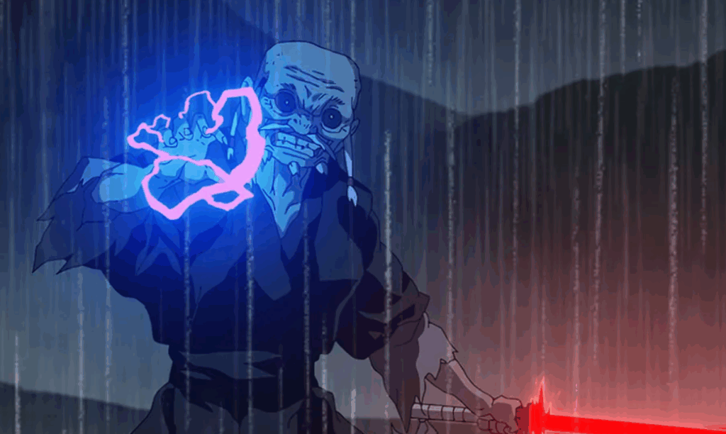 An eerie, old figure in an anime style is seen wielding a red lightsaber and projecting a glowing blue energy with his free hand.