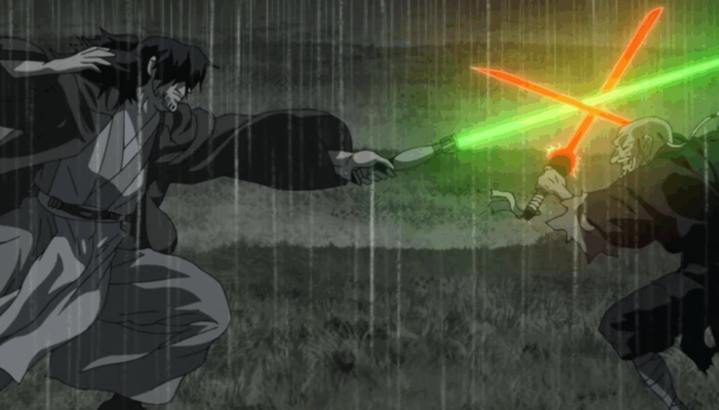 Two samurai-like figures, one with a green lightsaber and the other an old man with a red saber, are duelling.