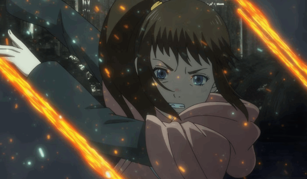 A young anime girl is looking determined, surrounded by intense orange, fire-like energy streaks.