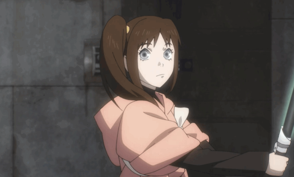 A young anime girl with wide, serious eyes and a ponytail is holding a green lightsaber. 