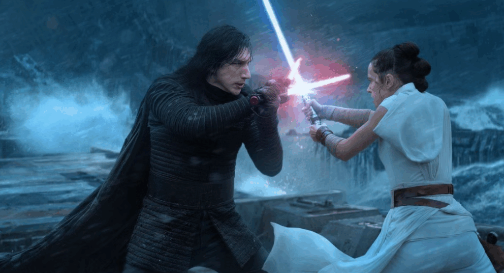 Kylo Ren and Rey are engaged in a fierce, lightsaber duel. This is a scene from Star Wars: The Rise of Skywalker.
