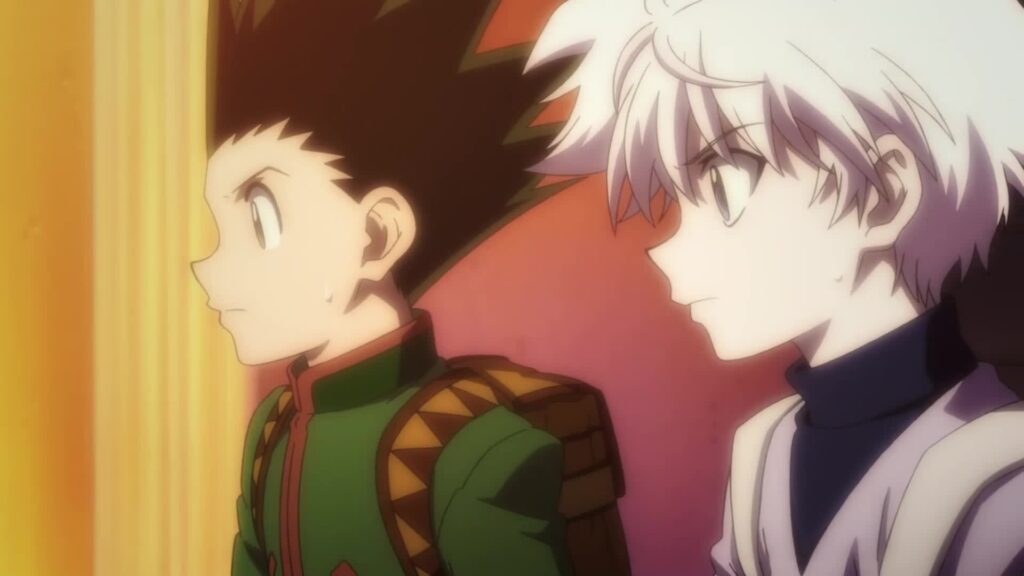 Gon Freecss and Killua Zoldyck sharing a focused expression during their adventures in Hunter x Hunter anime.