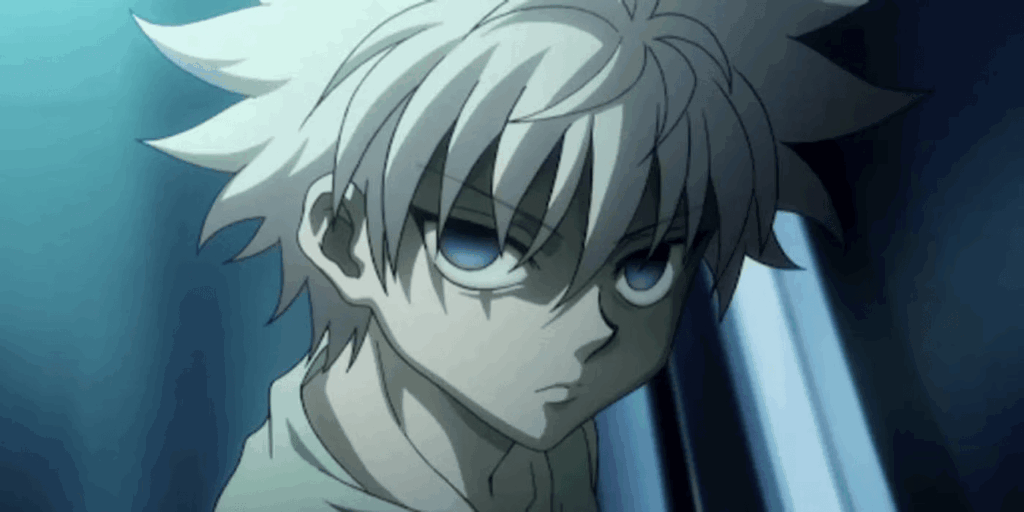 Killua staring with a dark look in Hunter x Hunter.