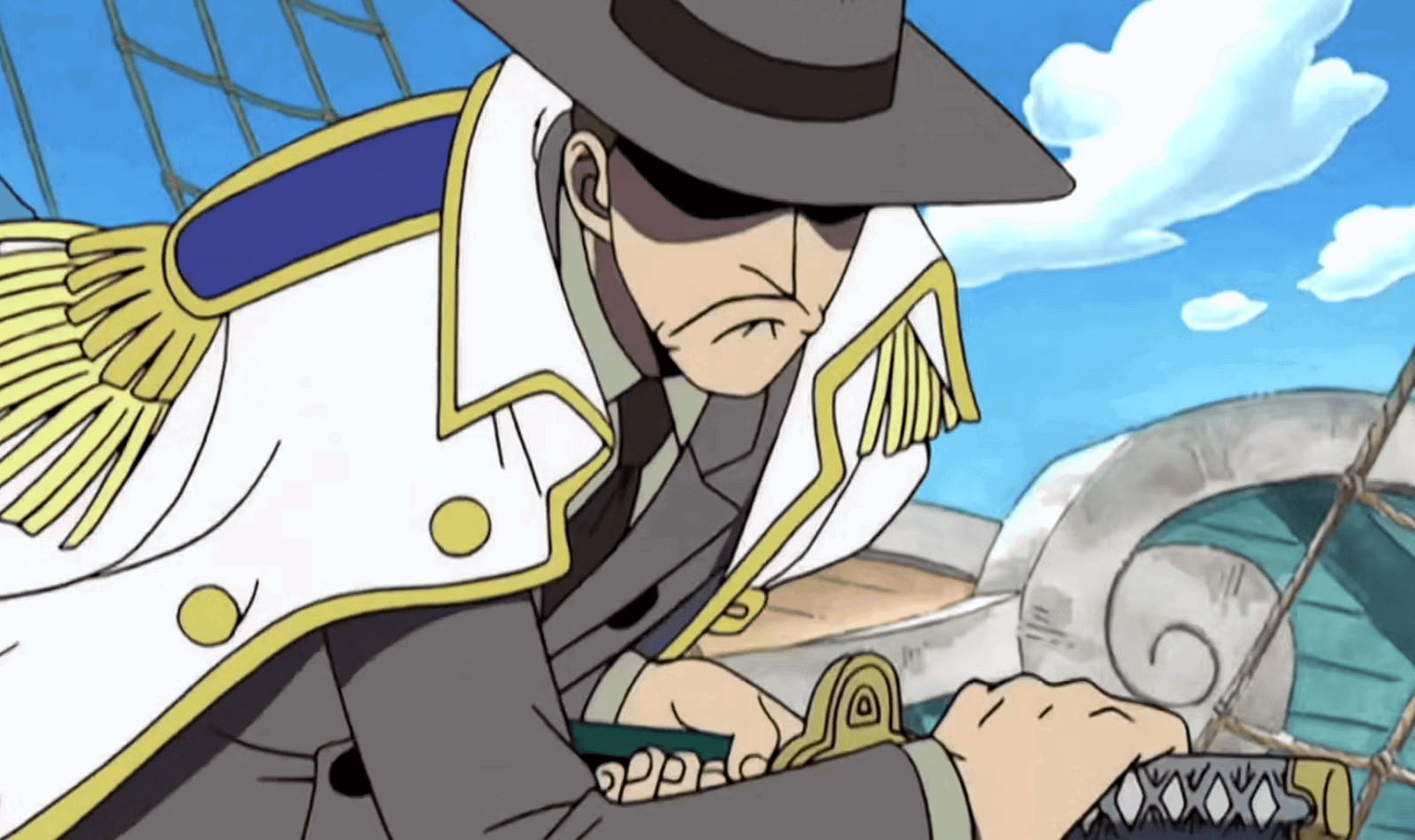 Bogard drawing his sword in One Piece. 