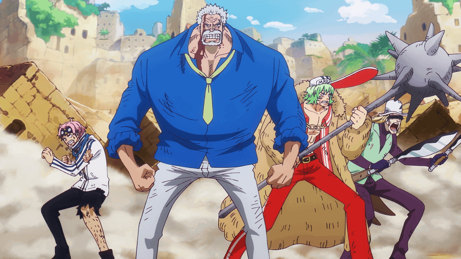 Garp fighting alongside SWORD against the Blackbeard Pirates in One Piece. 