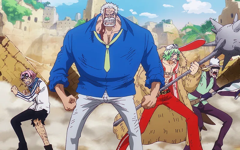 Garp fighting alongside SWORD against the Blackbeard Pirates in One Piece.