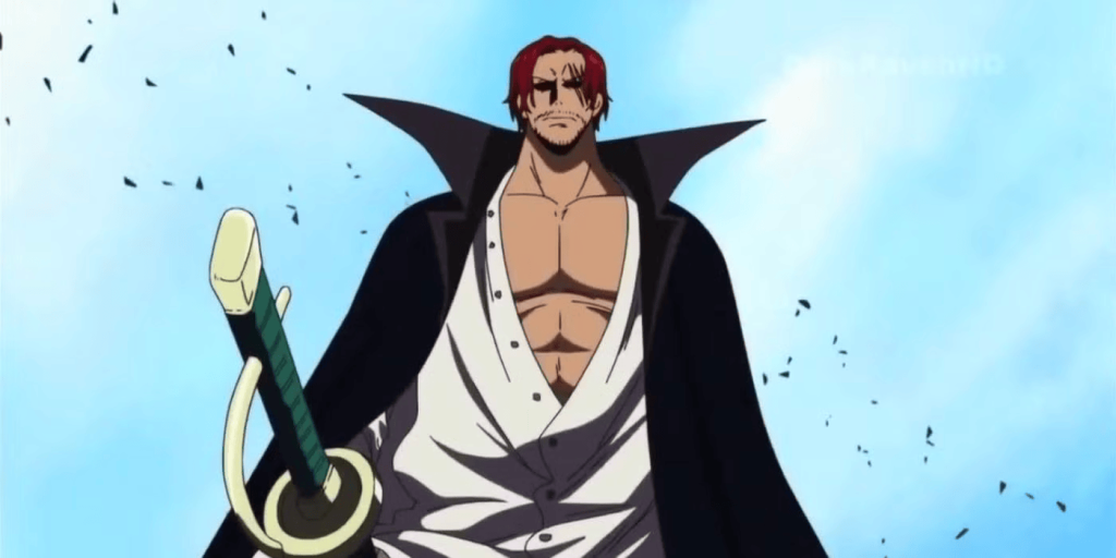 Red-Haired Shanks, one of the Four Emperors in the anime and manga series One Piece, arriving at Marineford to end the Summit War.
