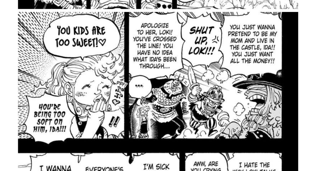 Ida dotes over Loki as Harjudin and Harald scold him for being mean to her in One Piece. 