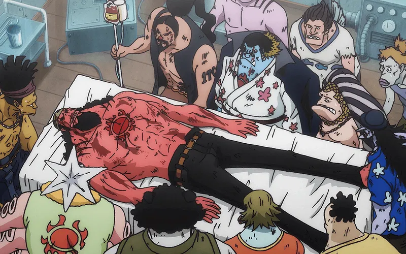 Fisher Tiger on his death bed with the Sun Pirates surrounding him in One Piece.