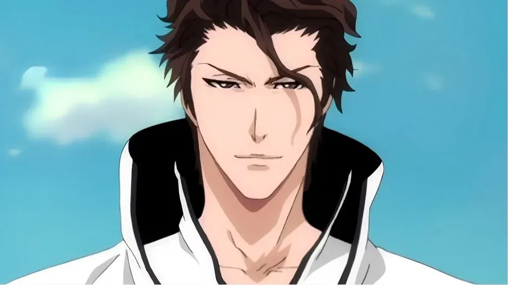 This character is Sōsuke Aizen from the anime and manga series Bleach and he is depicted in his Arrancar arc outfit, featuring a white high-collar jacket with black lining