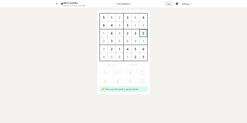 A screenshot of the Linkedin Mini Sudoku.