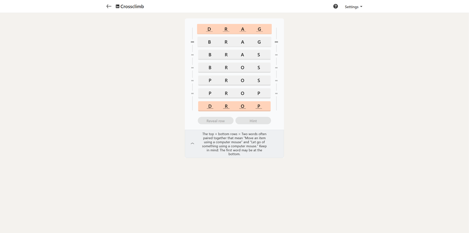 A screenshot of the Linkedin Crossclimb.