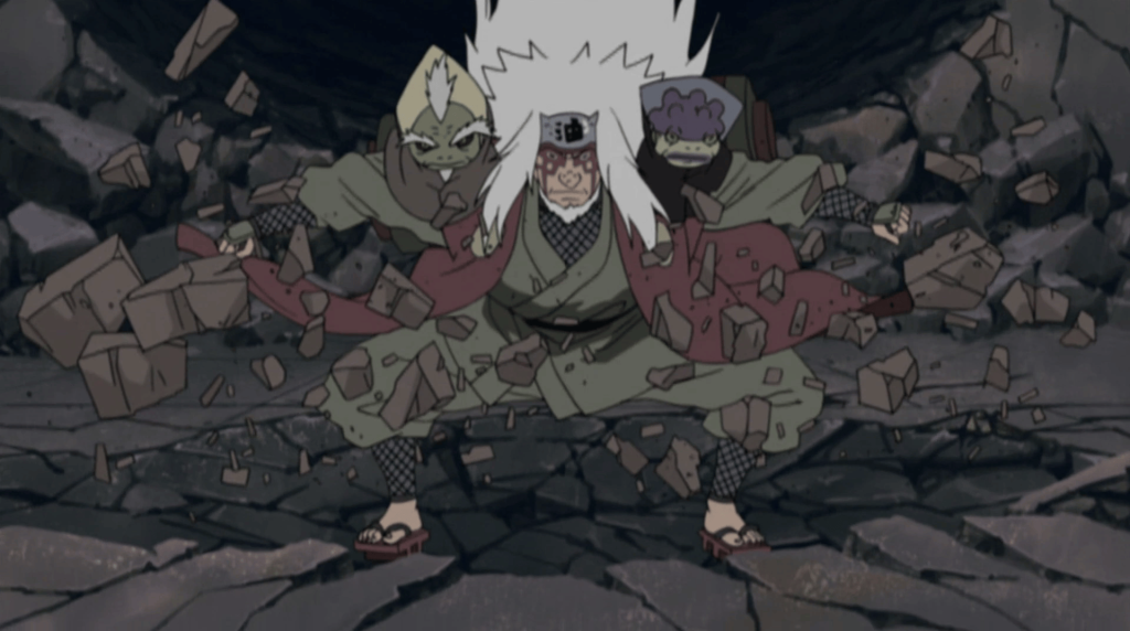 Jiraiya in his sage mode form against Pain in Naruto Shippuden. 