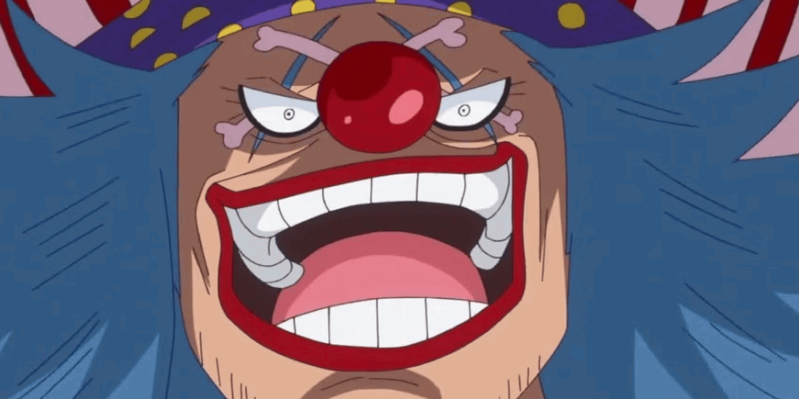 Buggy laughs maniacally in One Piece.
