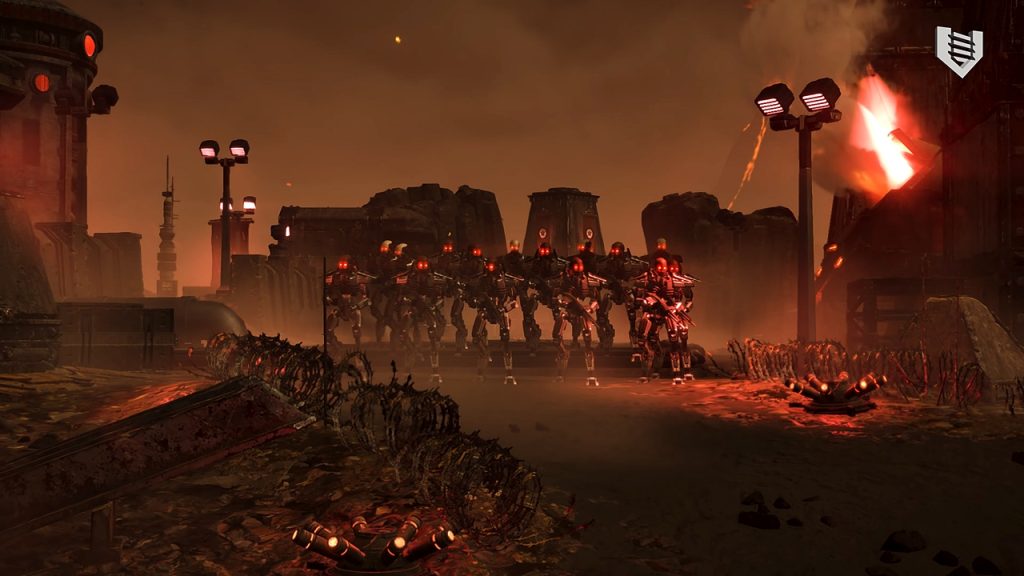 A shot from the latest Magma Worlds update trailer for Helldivers 2, featuring a squadron of Automatons marching toward the camera.