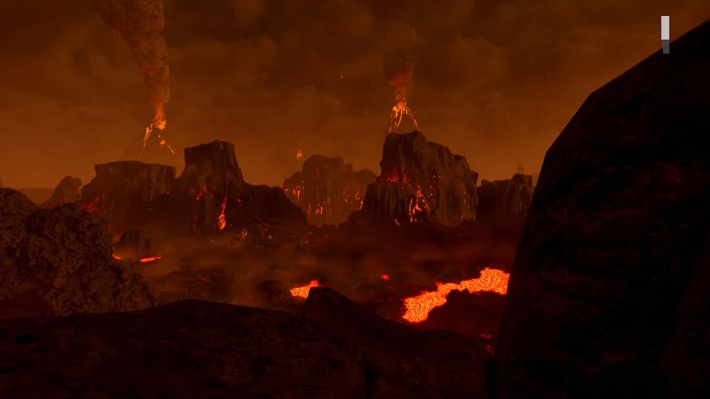 Helldivers 2 screenshot shows multiple volcanoes in the distance.